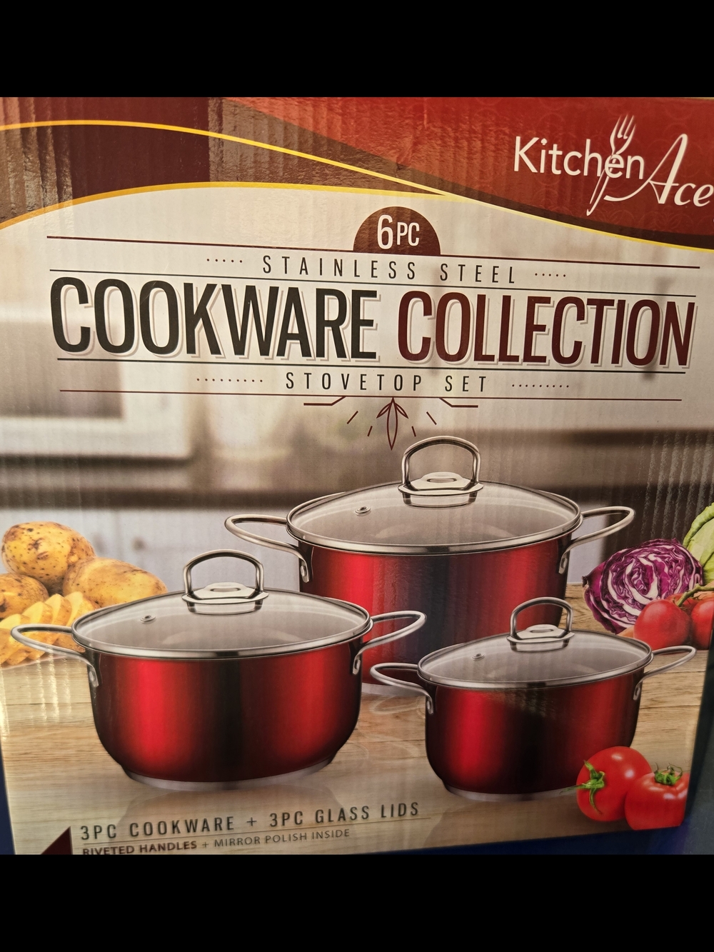 Collection B Red Stainless Steel 6pc Cookware Set with Glass Lids